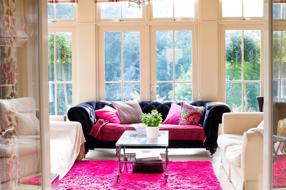 Pink area rug in living room