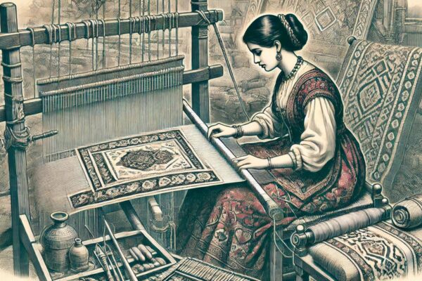 Lady weaving a carpet at her home